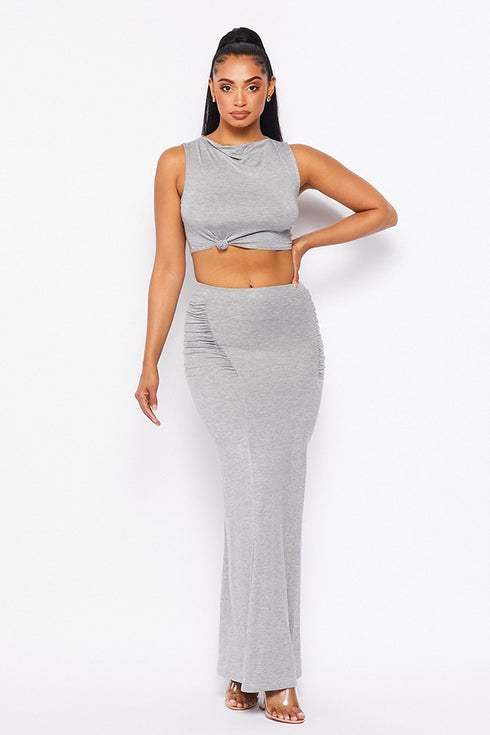 2 Pc. Sleeveless Crop Top W/ Knot In The Front & Maxi Skirt - Heather Grey - SohoGirl.com